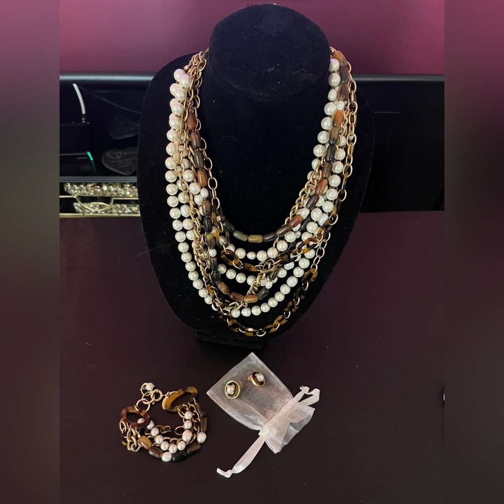 Chicos layered  chains, beads, pearl necklace, post earrings and  bracelet